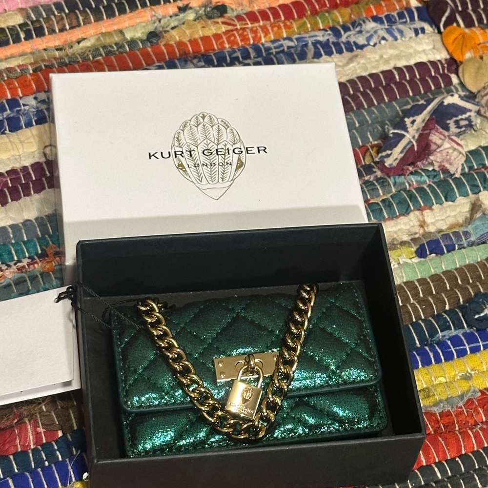Kurt Geiger Metallic Emerald Quilted Micro Chain Wallet
